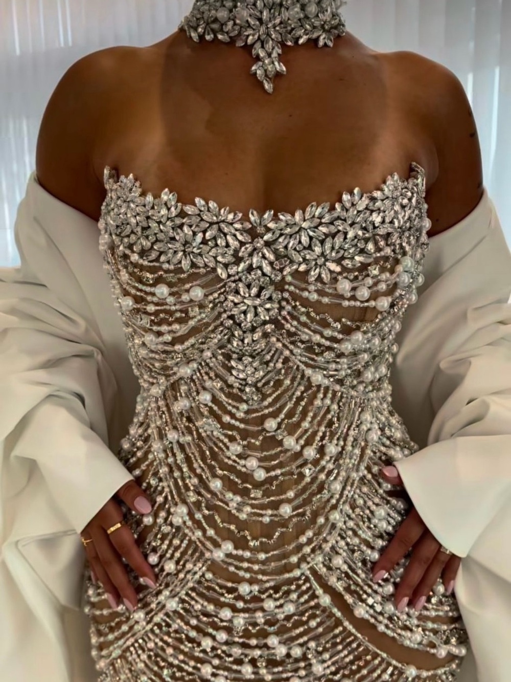 Dodona Avdiu Strapless Beaded Evening Gown in Ivory